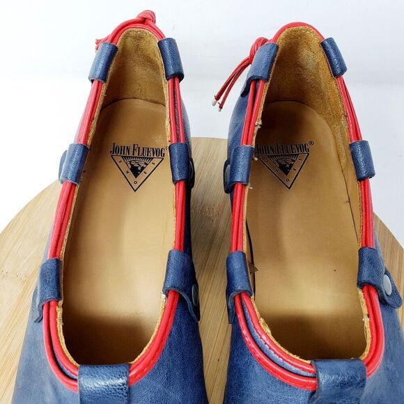 John Fluevog Vigor Shoes Womens 7.5 Slip On Blue Red Power Up Stud Lacing Flats - Picture 5 of 11
